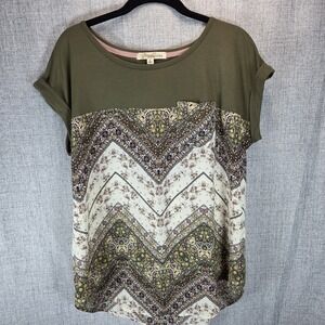Floral Multicolor Round Neck Boho Roll Up SS Blouse Large Lightweight